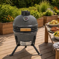 Neo Kamado 13" in Grey Ceramic Mini BBQ Grill Smoker Egg Charcoal Cooking Oven, Portable Oven and Smoker with Stand